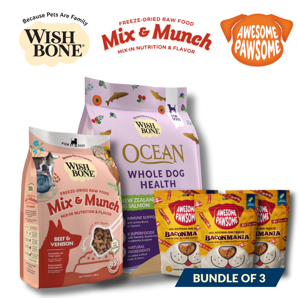 Wishbone Bundle of Dry Dog Food, Mix & Munch Freeze-Dried Raw Topper and Awesome Pawsome Treats